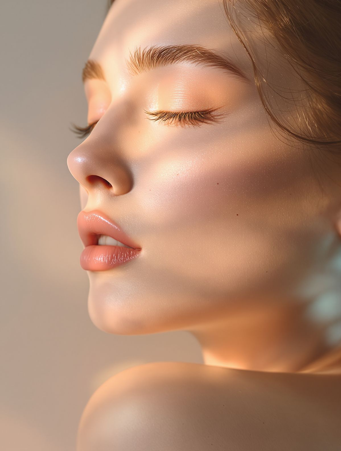 A woman with luminous, healthy skin lit by soft golden light